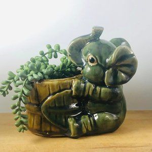 Majolica Elephant Planter Trunk Up MCM Heavy Good Luck